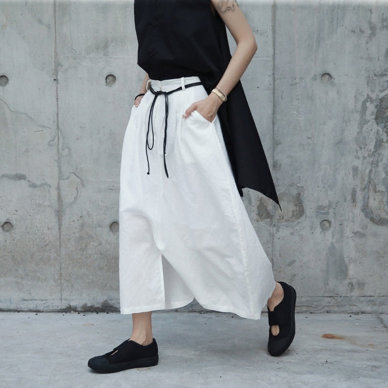 Women's White Cotton-Linen Culottes, Loose and Casual Circular Design