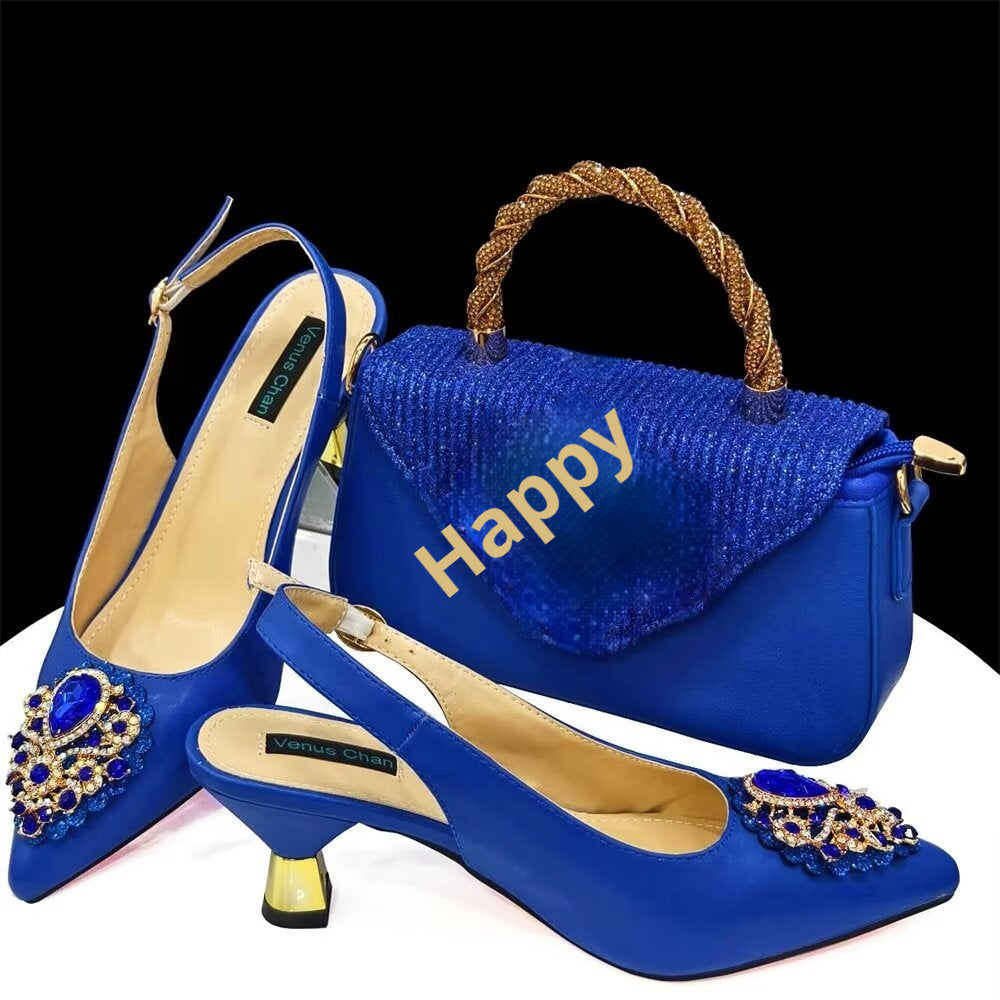 Casual French Style Small Square Pointed Toe Slingback High Heels with Matching Women's Shoes and Bag Set