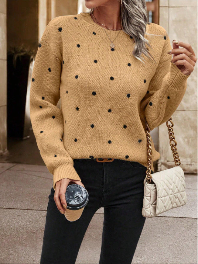 Fashion Round Neck Polka Dot Jacquard Long Sleeve Sweater – Trendy and Comfortable Pullover