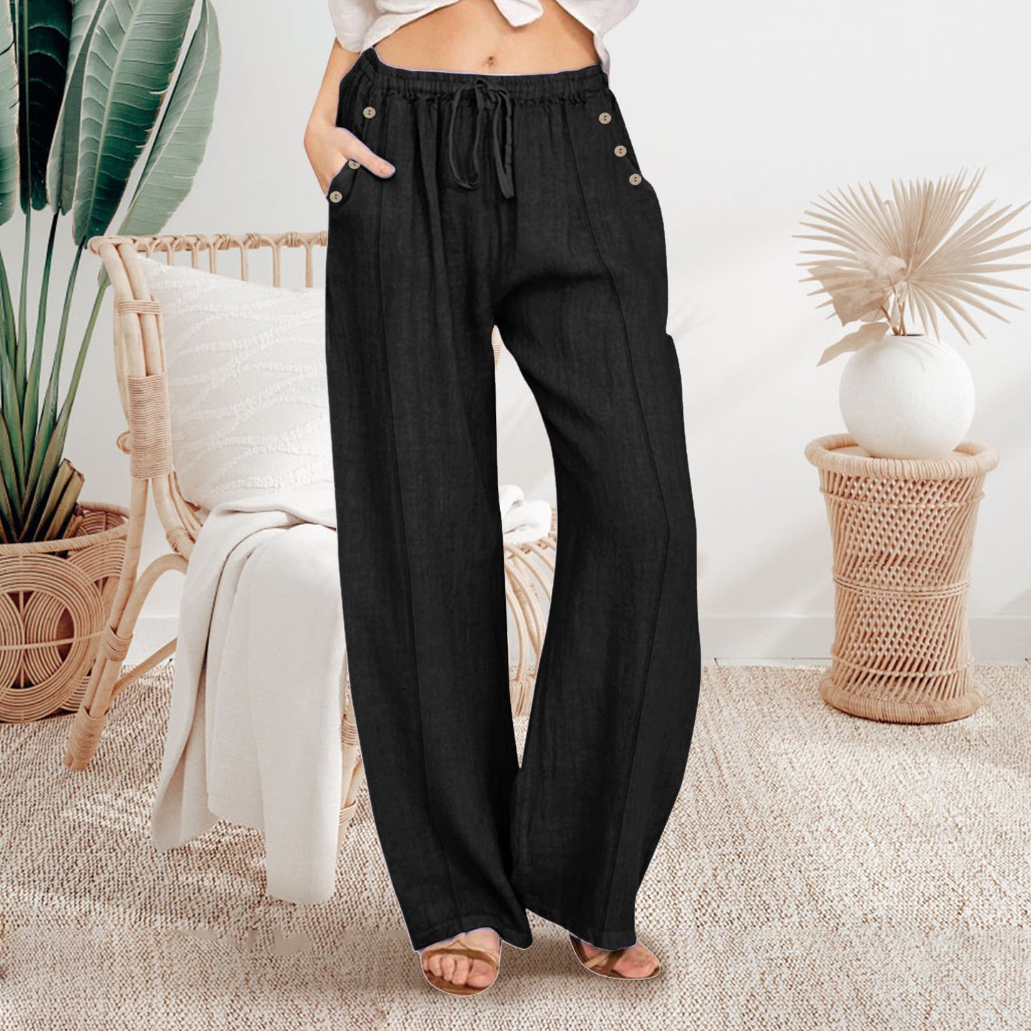 Women's Loose Button-Up Casual Wide-Leg Trousers