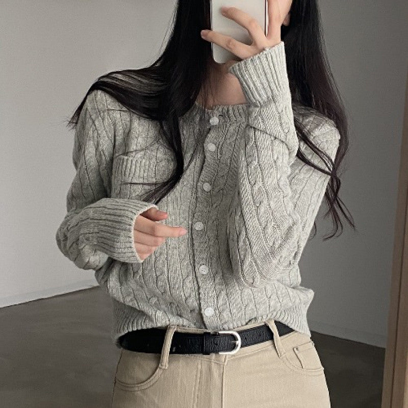 Korean Ins Style Casual Hemp Pattern Long Sleeve Knitted Sweater Cardigan