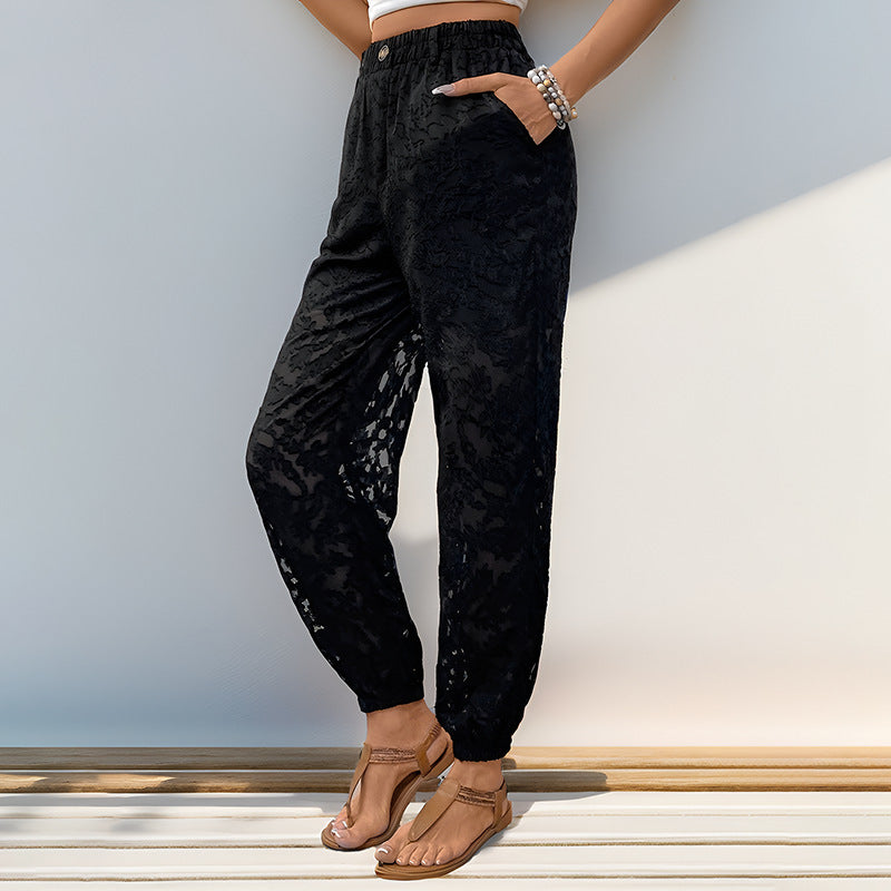 Women's High Waist Casual Textured Ankle Pants