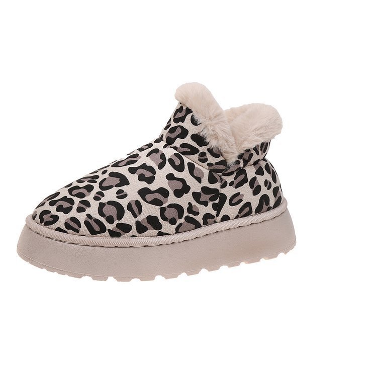 Thickened Fleece-Lined Leopard Print Slip-On Cotton Boots