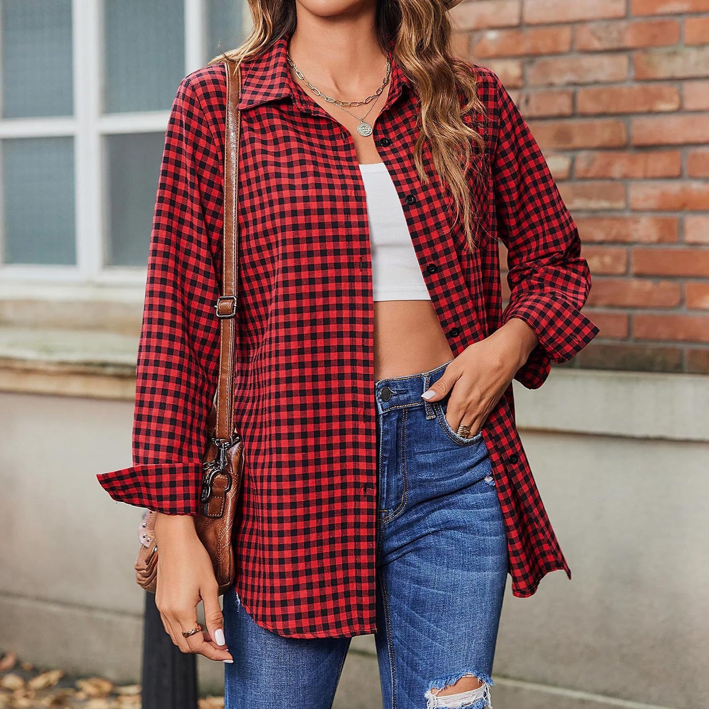 Loose-Fit Women's Long Sleeve Plaid Shirt