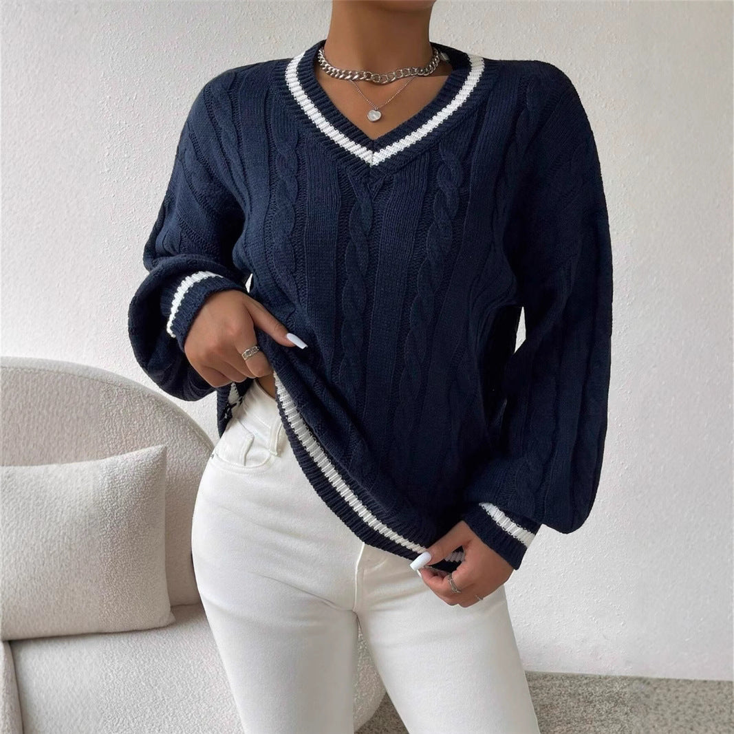 Autumn and Winter Contrast Color Twisted V-Neck Loose Women's Sweater