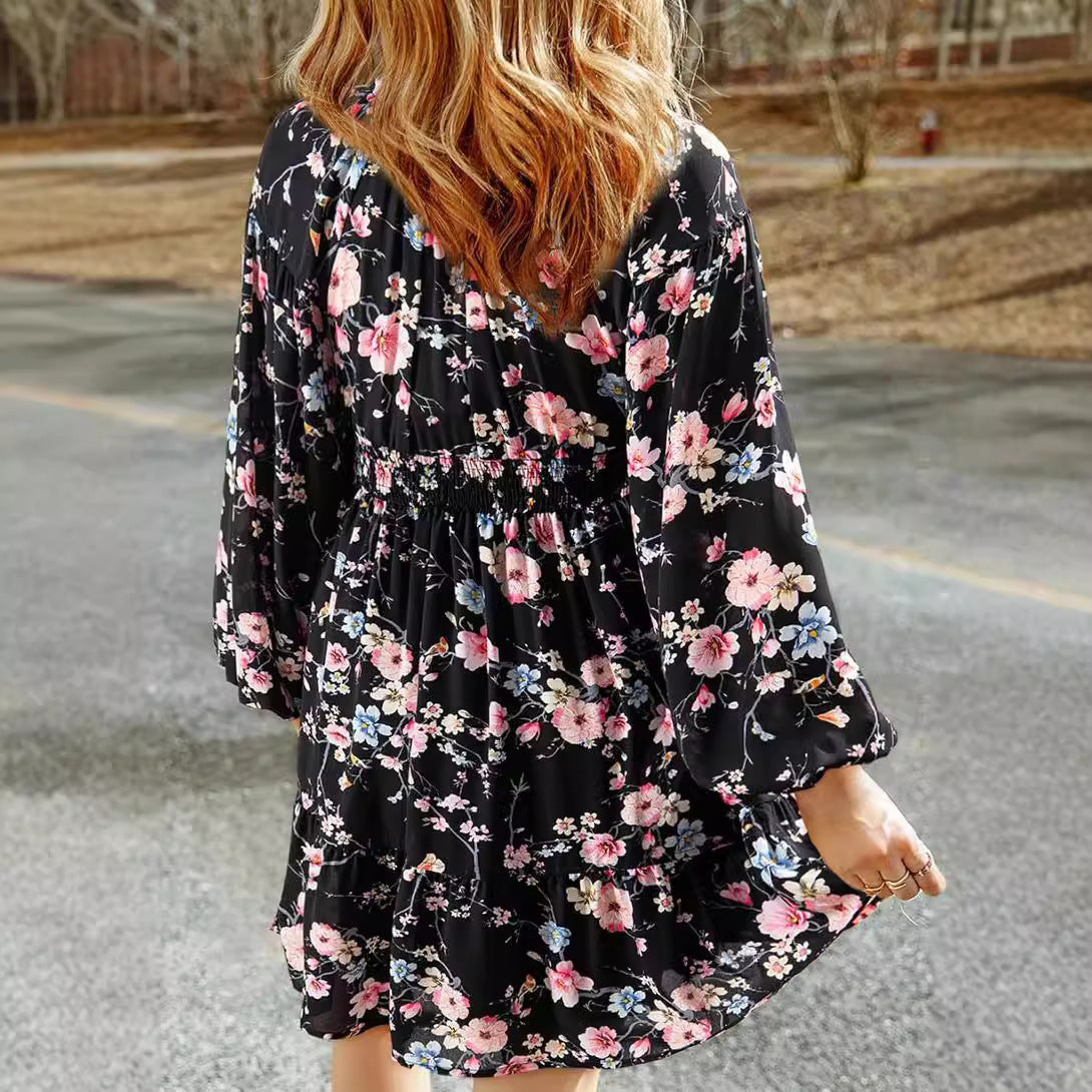 Floral V-Neck Long Sleeve Dress – Pleated with Elastic Waist for a Flattering Fit