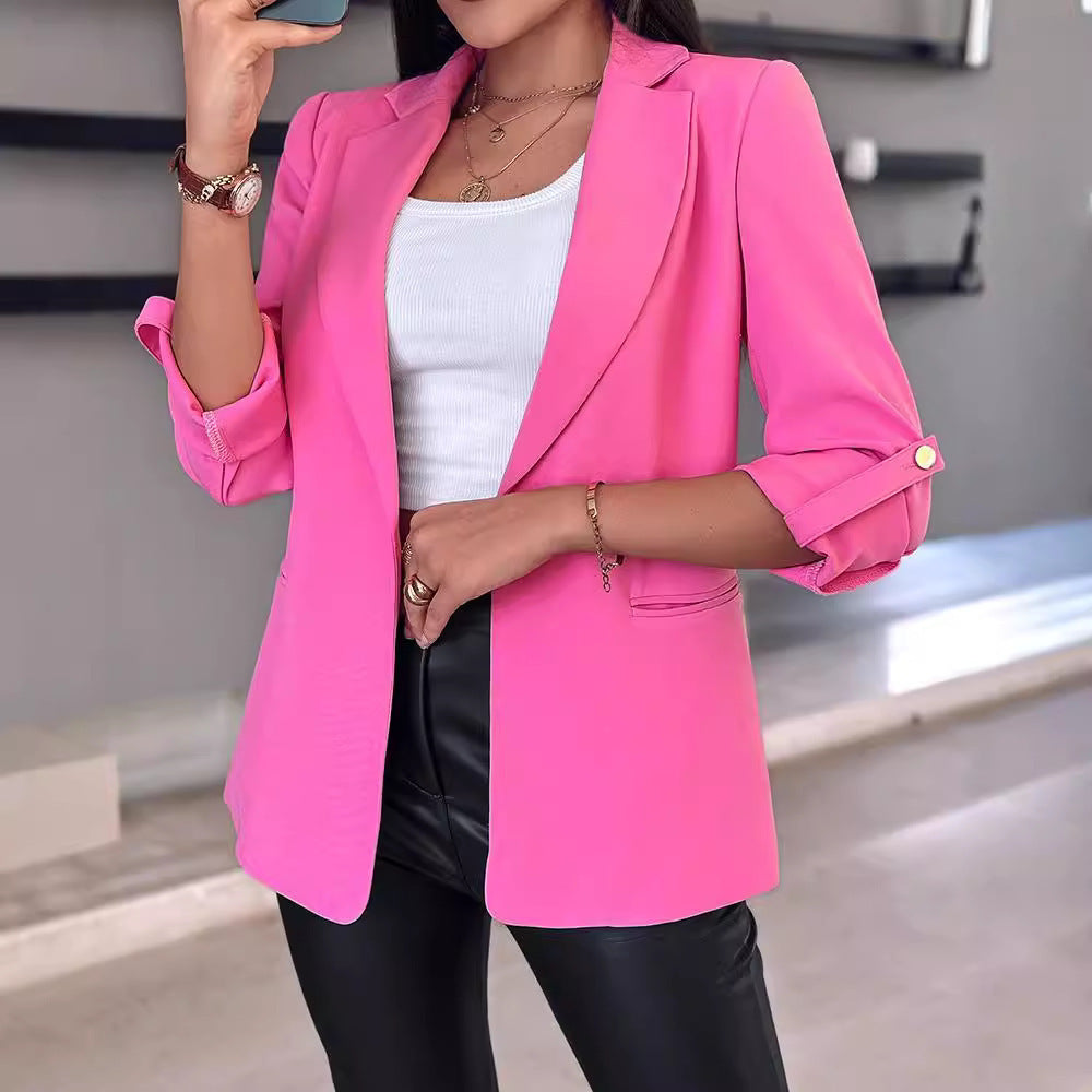 Women's Casual Blazer with Rolled Sleeves and Pockets