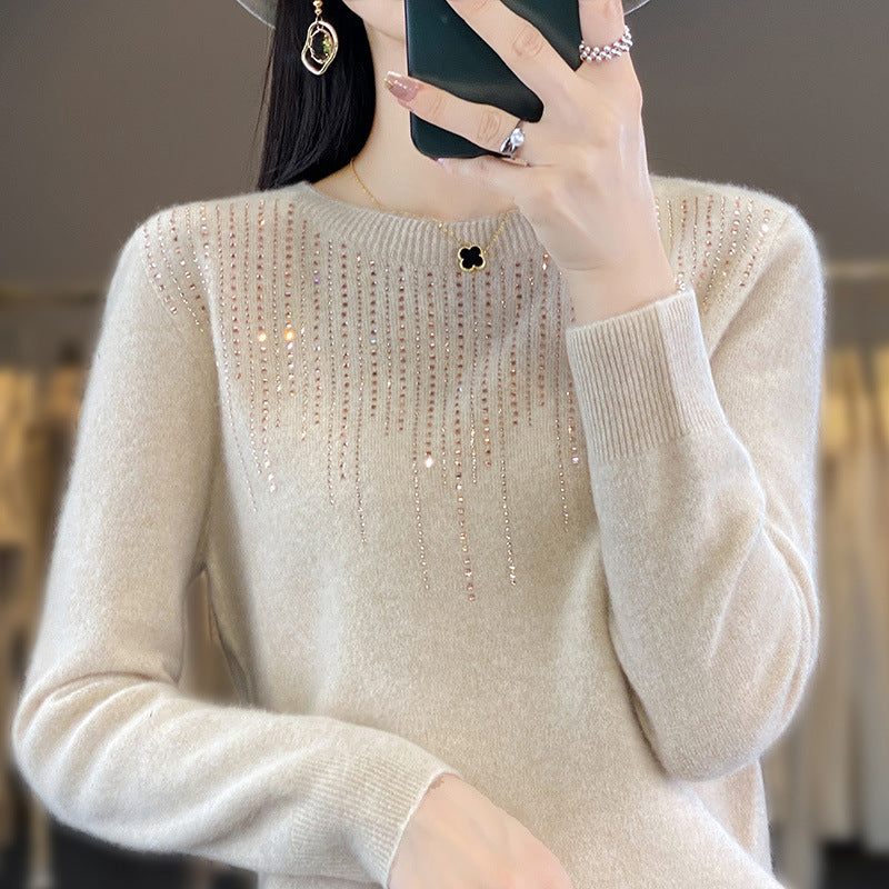 Round Neck Rhinestone Long-Sleeved Knitted Pullover Sweater for Women