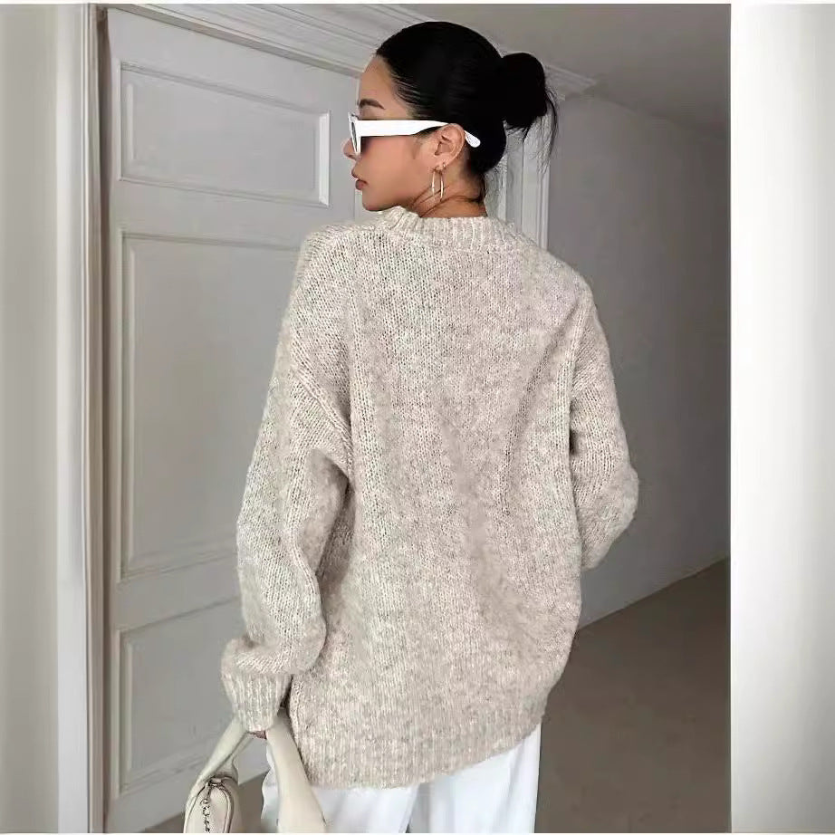 Women's Round Neck Long Sleeve Sweater with Drop-Shoulder Sleeves