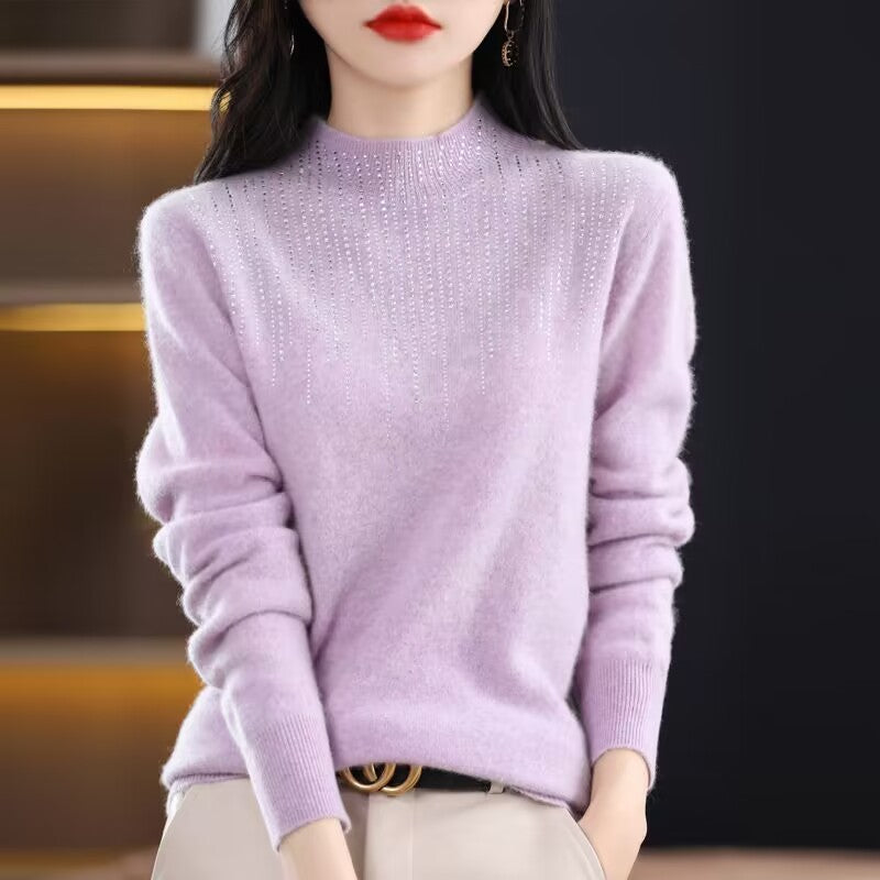 Women's Diamond-Embedded Half-Turtleneck Wool Sweater Pullover