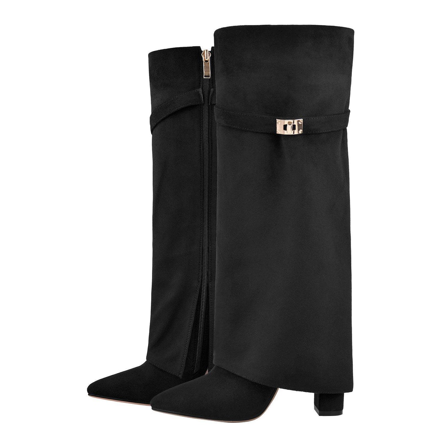 Pointed Toe Wide Calf Straight Long Boots with Metal Buckle