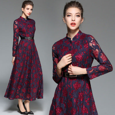 Women's Slim Fit Vintage Jacquard Lace Swing Dress