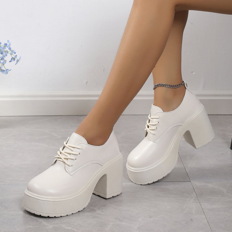 Chunky Heel Lace-Up High Heel Small Leather Shoes for Women