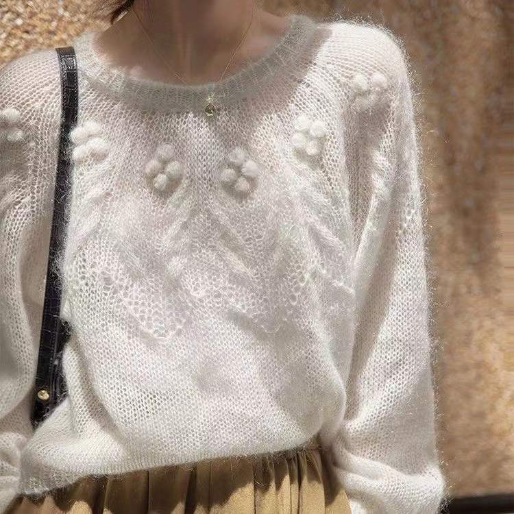 Women's Retro Chic White Mohair Sweater - High-Grade Elegance