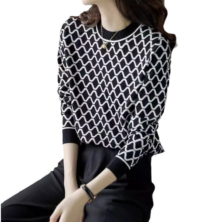 Women's Slimming Wool Knit Sweater with Wave Rhombus Plaid Pattern