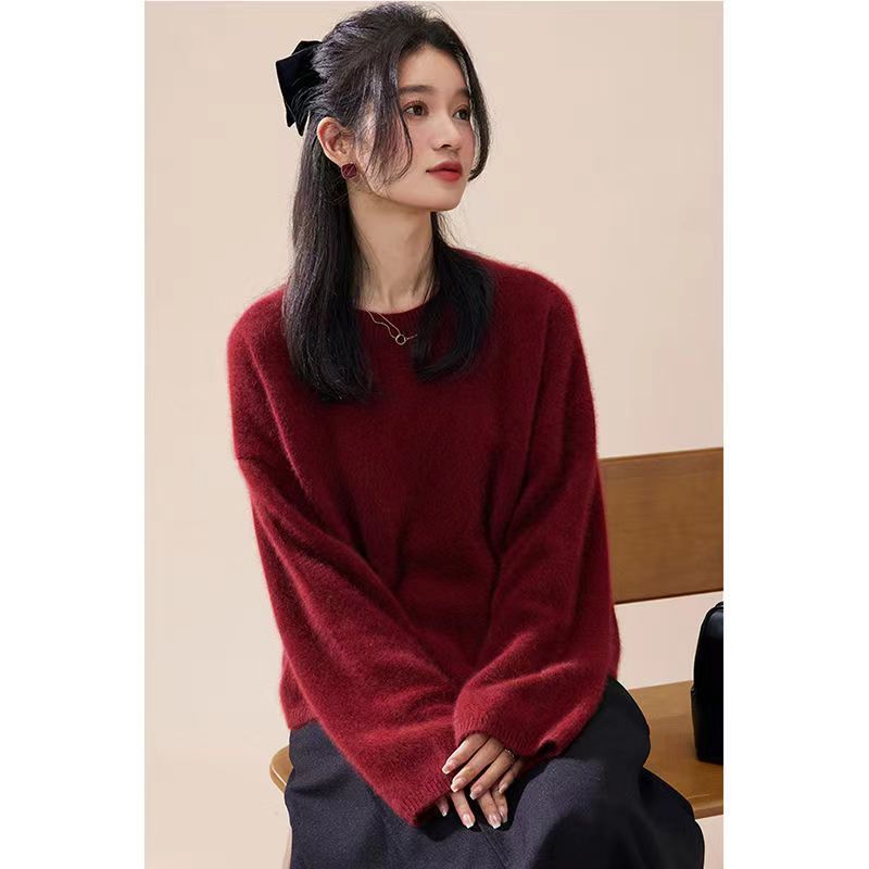 Red Pullover Women's Fall and Winter Mid-Length Comfortable Retro Slit Knit Sweater