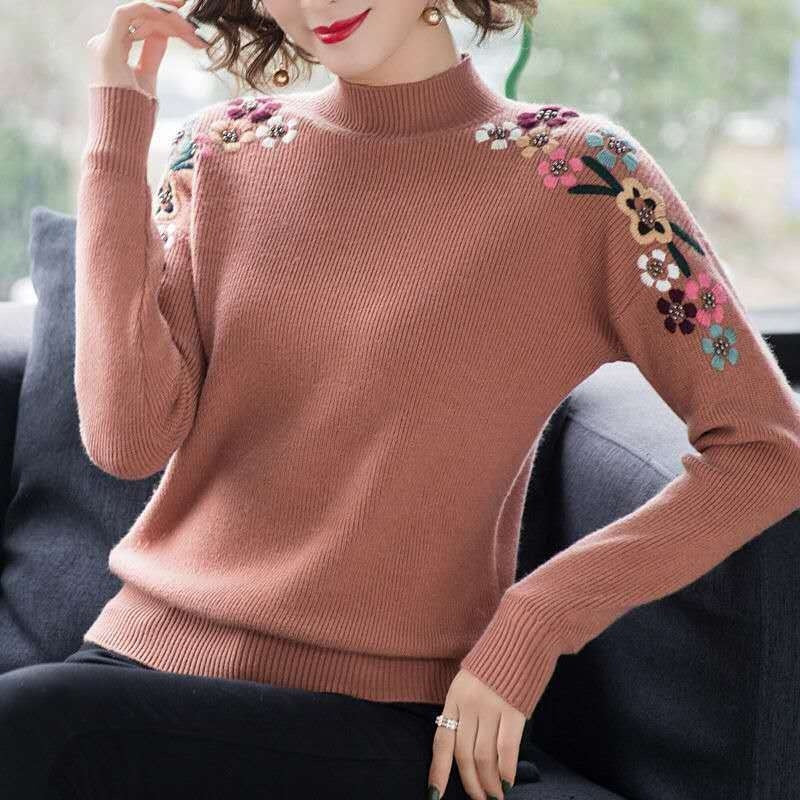 Popular Embroidered Women's New Loose-Fit High Collar Bottoming Shirt