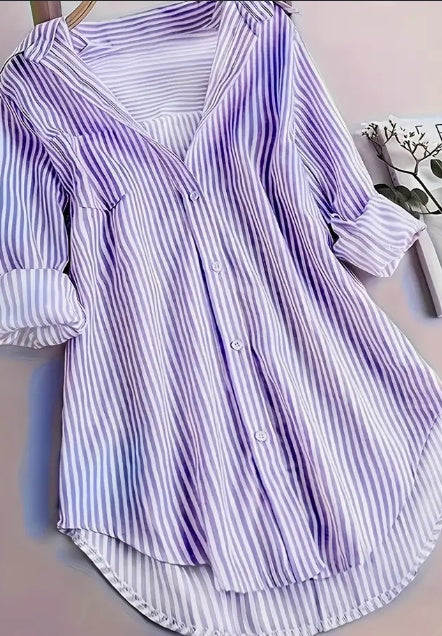 Stripe Print Button-Front Blouse – Casual Long Sleeve Top for Spring and Fall