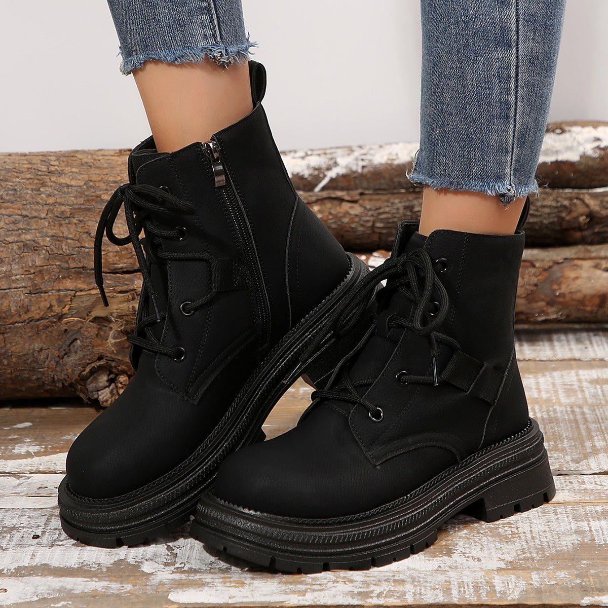 Women's Square-Heeled Lace-Up Boots – Fall and Winter All-Match Slim Fit Fashion Ankle Boots