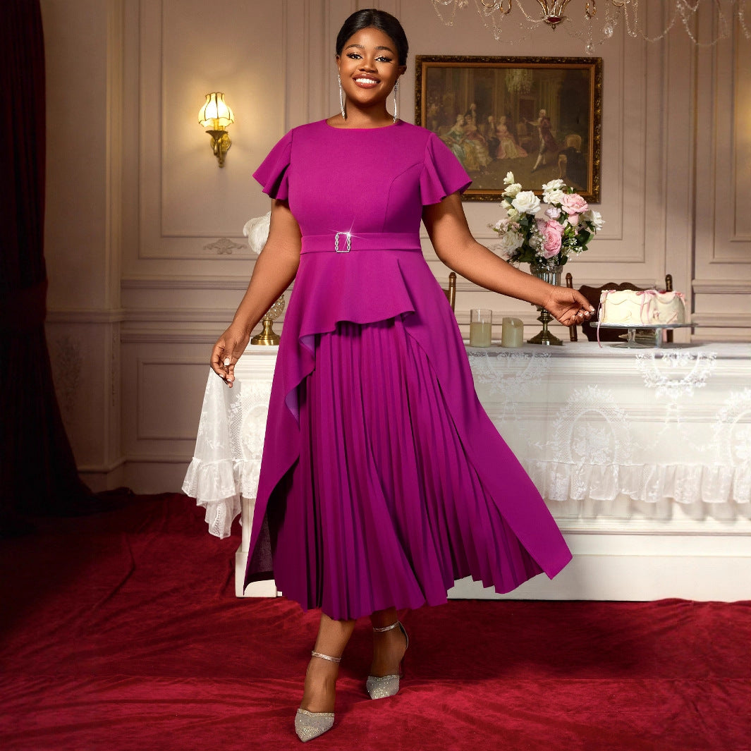 Women's Round Neck Short Sleeve Ruffled Long Pleated Dress