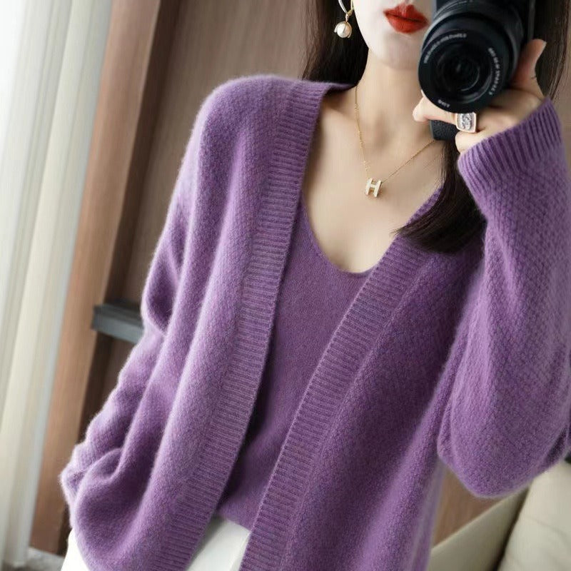 Knitted Cardigan with Two-Piece Sling and V-Neck Sweater – Elegant Temperament Design