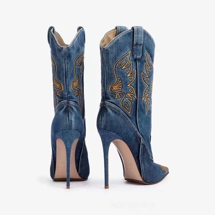 Women's High-Heel Western-Style Denim Fashion Boots