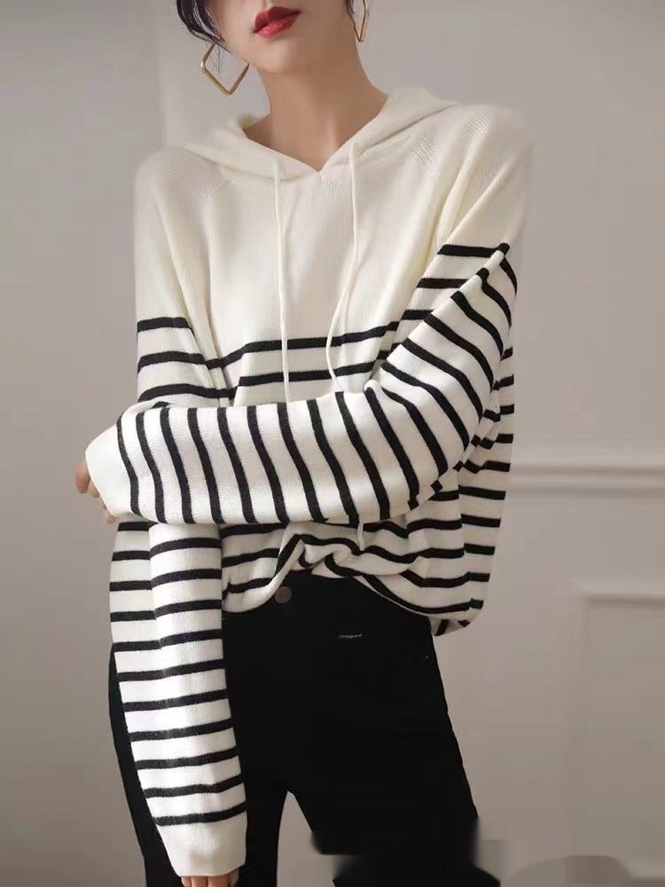 Women's Wool Knitted Hooded Sweater Pullover – Striped Loose Fit Design