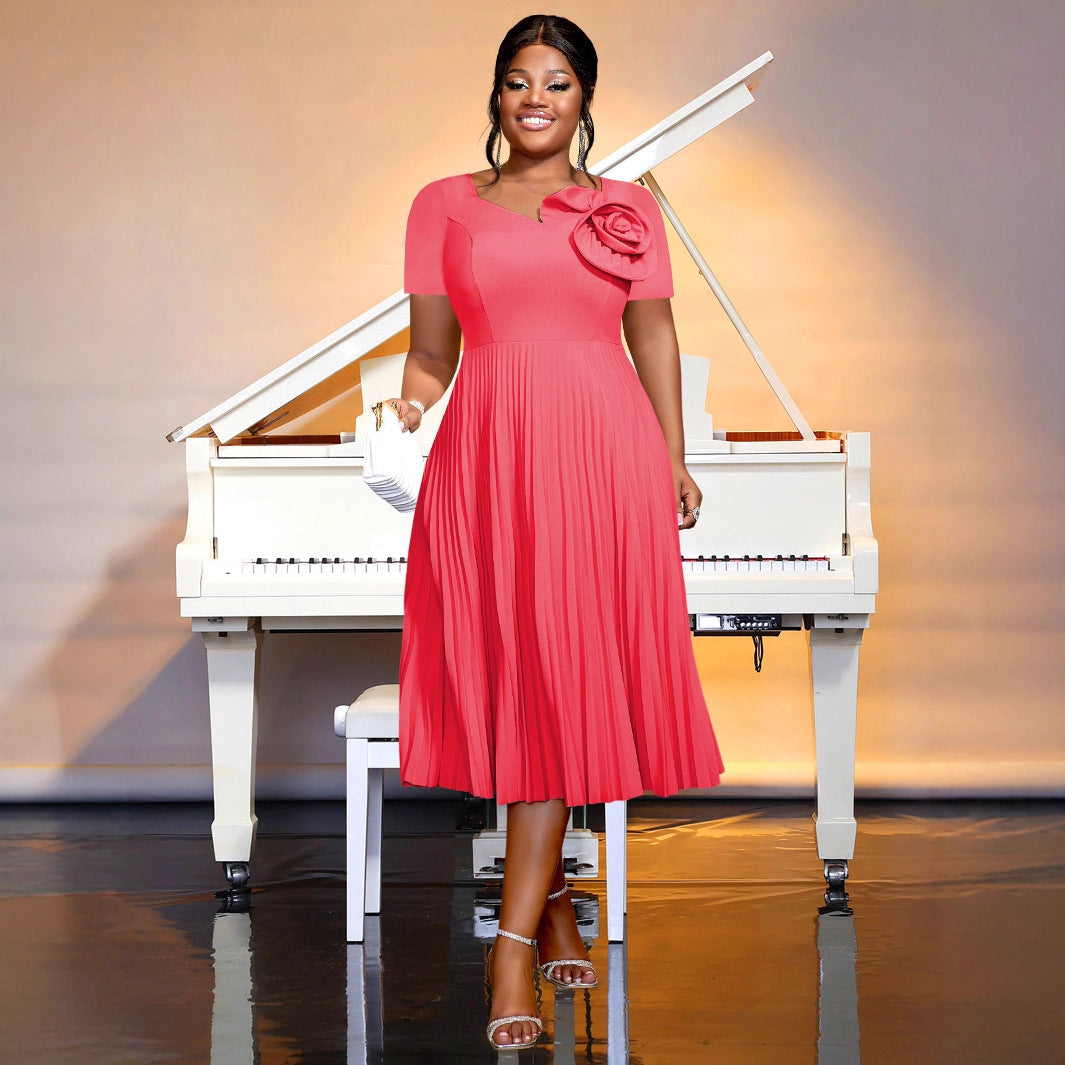 Women's Watermelon Red Short-sleeved Lace Mid-length Summer Pleated Dress