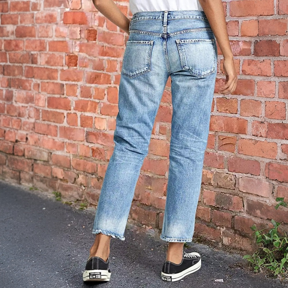 Low-Rise Cropped Boyfriend Jeans For Women, With A Distressed Raw Hem, Casual Light Wash Pants