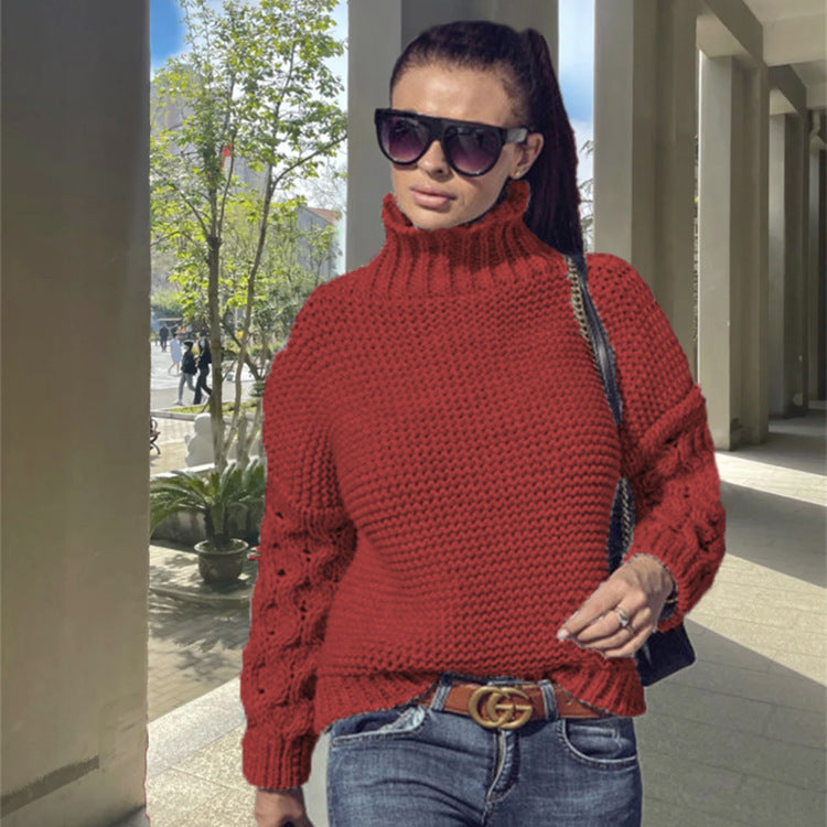 Women's Loose Cable-Knit Turtleneck Sweater – Solid Color Design