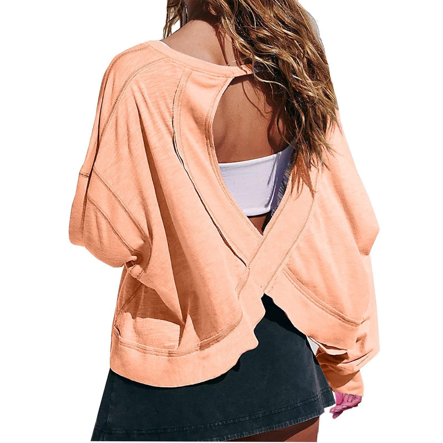 Women's Loose Long Sleeve Backless Hollow-Out Top – Stylish and Trendy