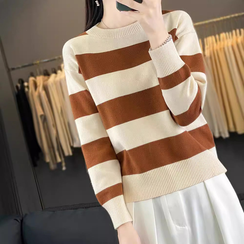 Women's Round Neck Sweater – Loose-Fitting with Striped Long Sleeves