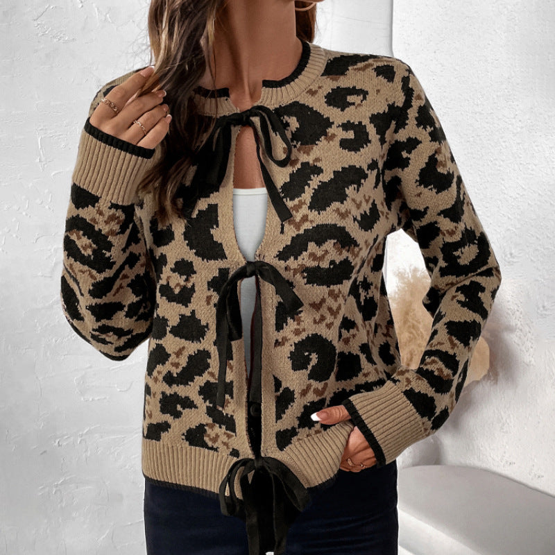 Women's Round Neck Sweater Cardigan with Tie Detail