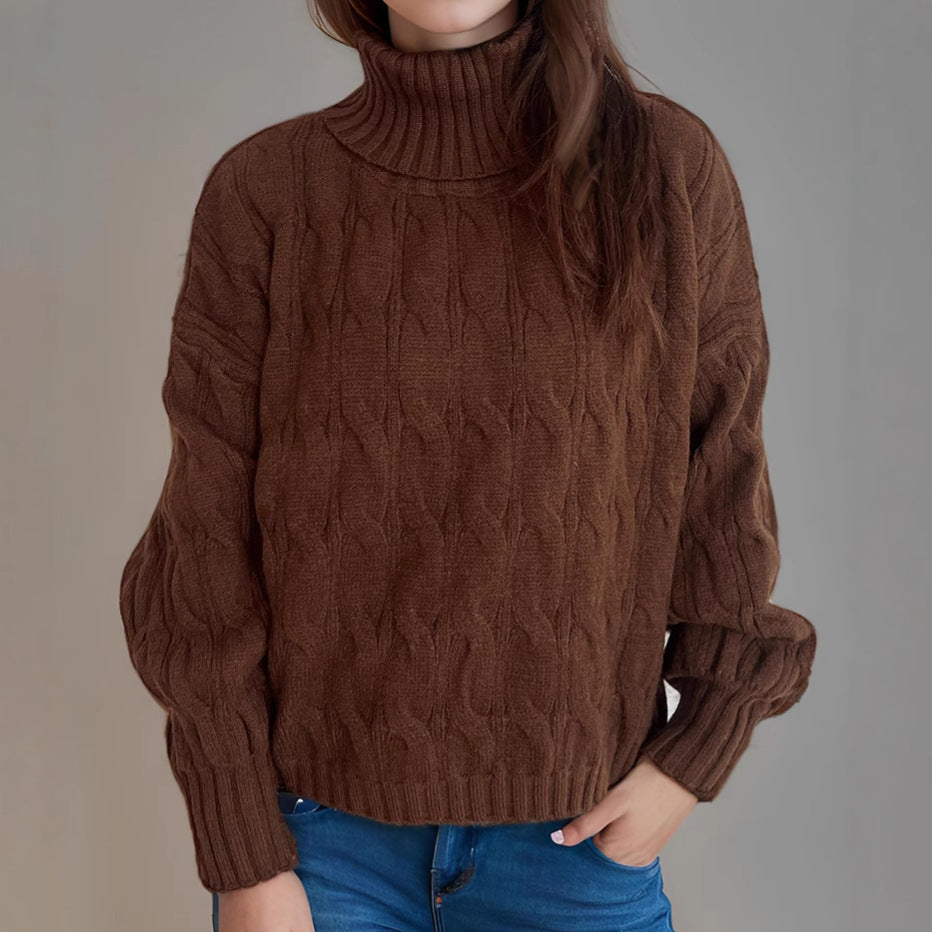 Loose Solid Color Turtleneck Pullover for Commuting