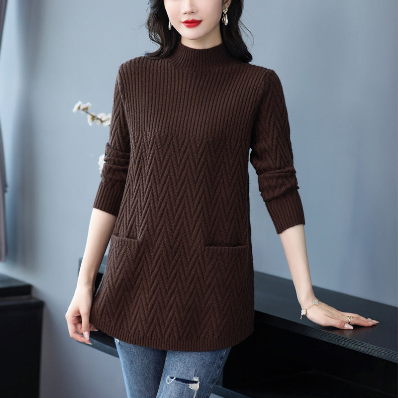 Women's Winter Loose-Fit Half Turtleneck Knitted Woolen Sweater Skirt