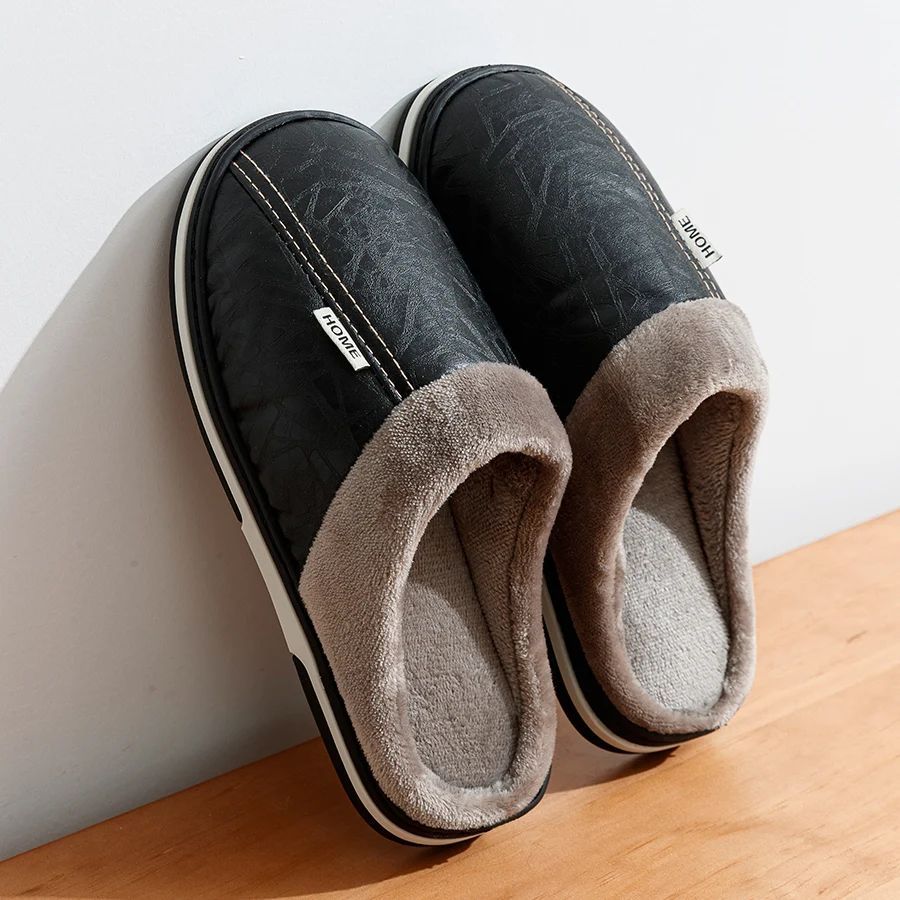 PU Leather Big Size Indoor Slippers - Waterproof, Fur-Lined Flat Shoes