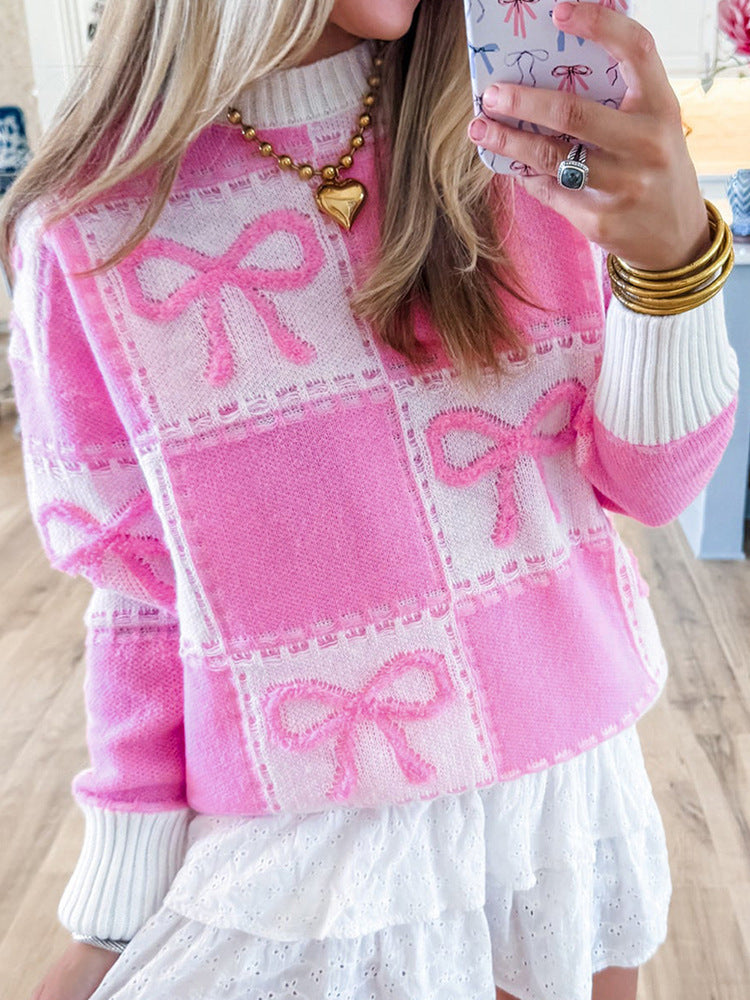 Women's Color-Matching Knitted Sweater with Bowknot Detail