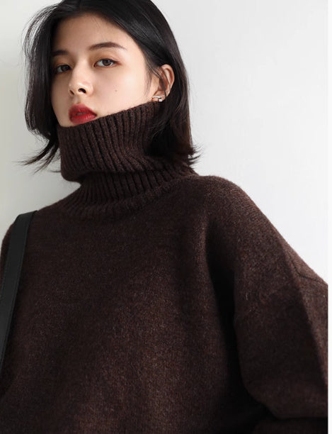 Loose-Fit Turtleneck Sweater with Solid Color, Warm Winter Underwear