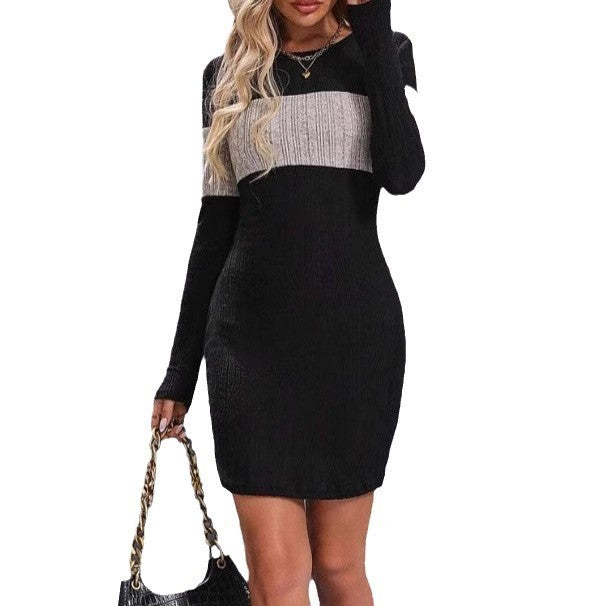 Color Contrast Patchwork Long-Sleeve Dress – Round-Neck Stylish Design