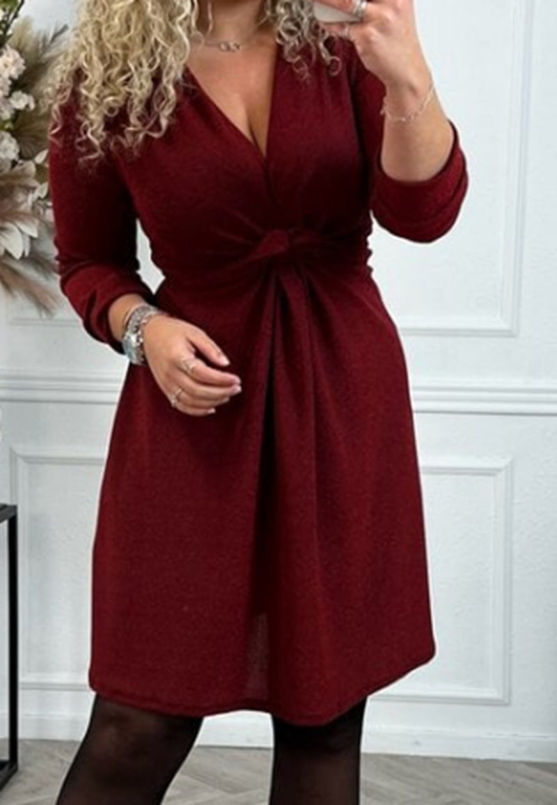 Women's V-Neck Long Sleeve Waist Dress – Elegant and Stylish