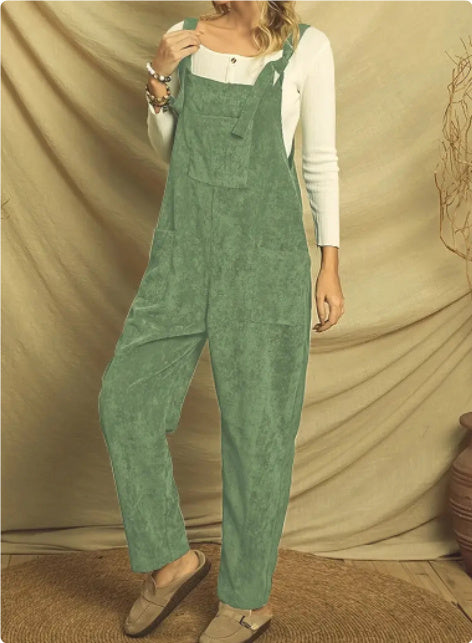 Corduroy Jumpsuit with Shoulder Straps and Multi-Pocket Design