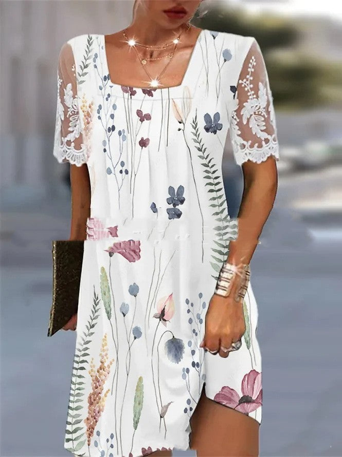 Square Collar Lace Casual Floral Print Loose Dress