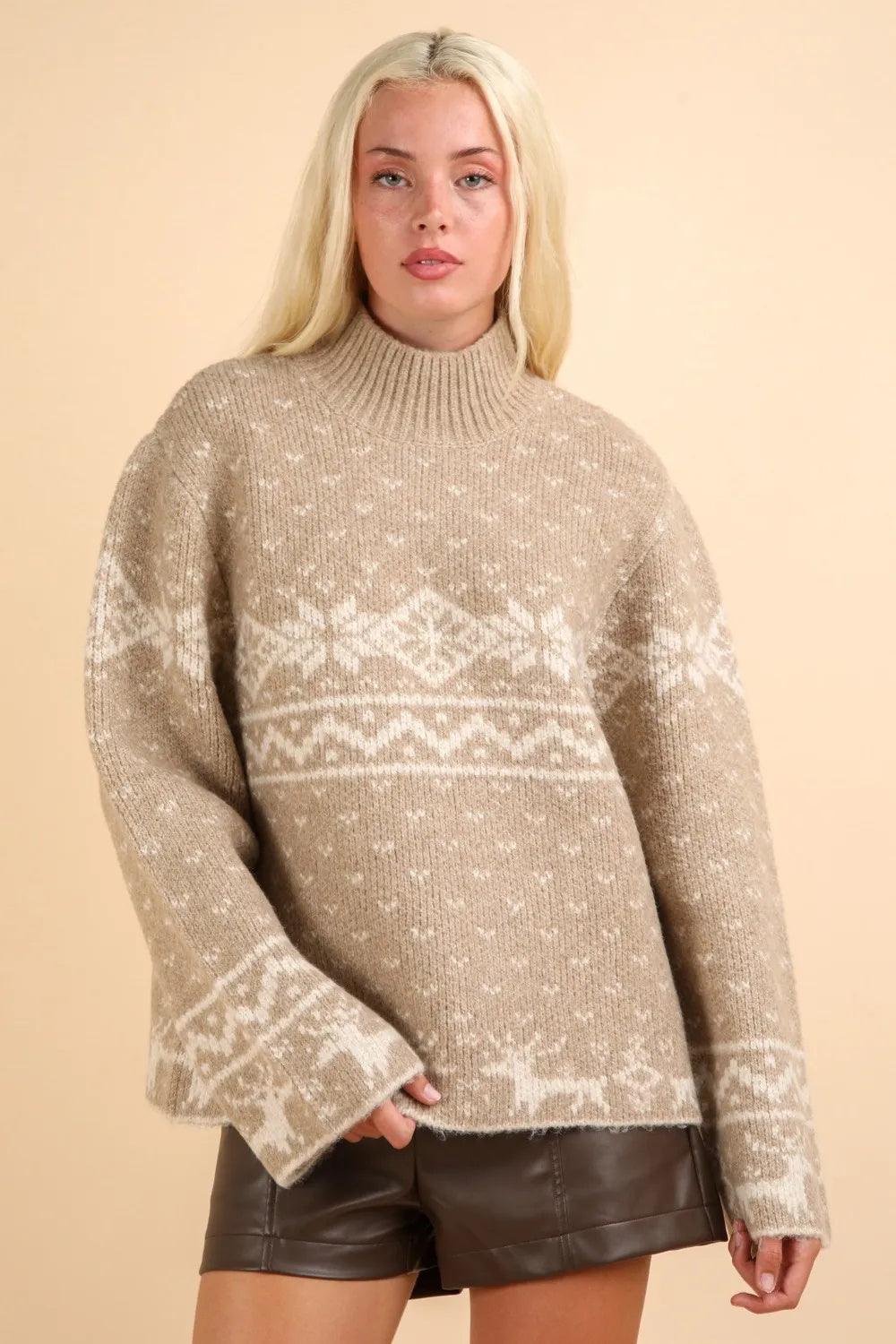 Christmas-Themed Mock Neck Long Sleeve Sweater