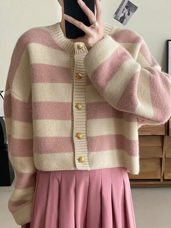 Spring and Autumn Striped Round Neck Sweater for Women