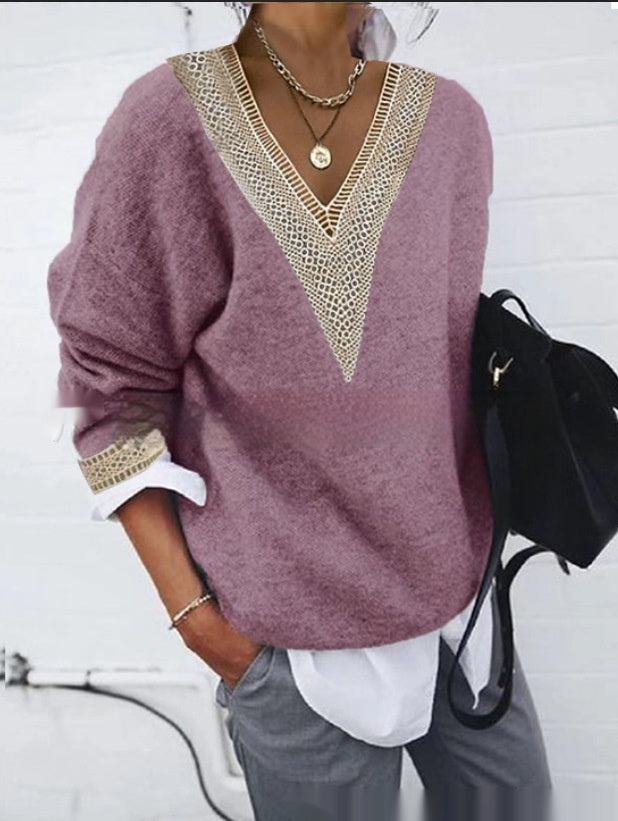 Long Sleeve Solid Color Knitted Sweater with Lace Collar