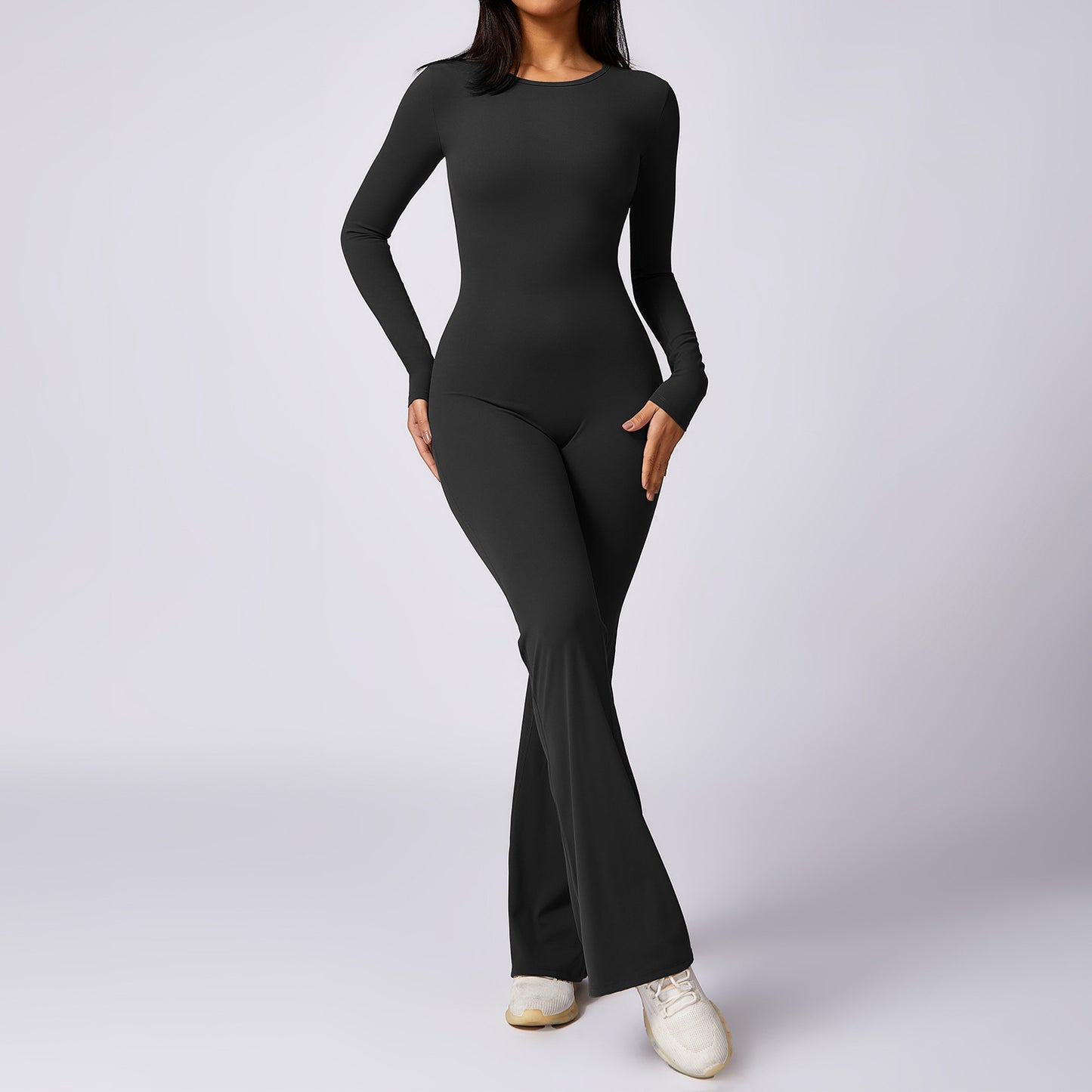 Women's Flared Long-Sleeve Yoga Jumpsuit, Slim-Fit Quick-Drying Sportswear