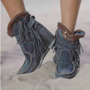 Solid Color Leather Tassel Ankle Boots for Women