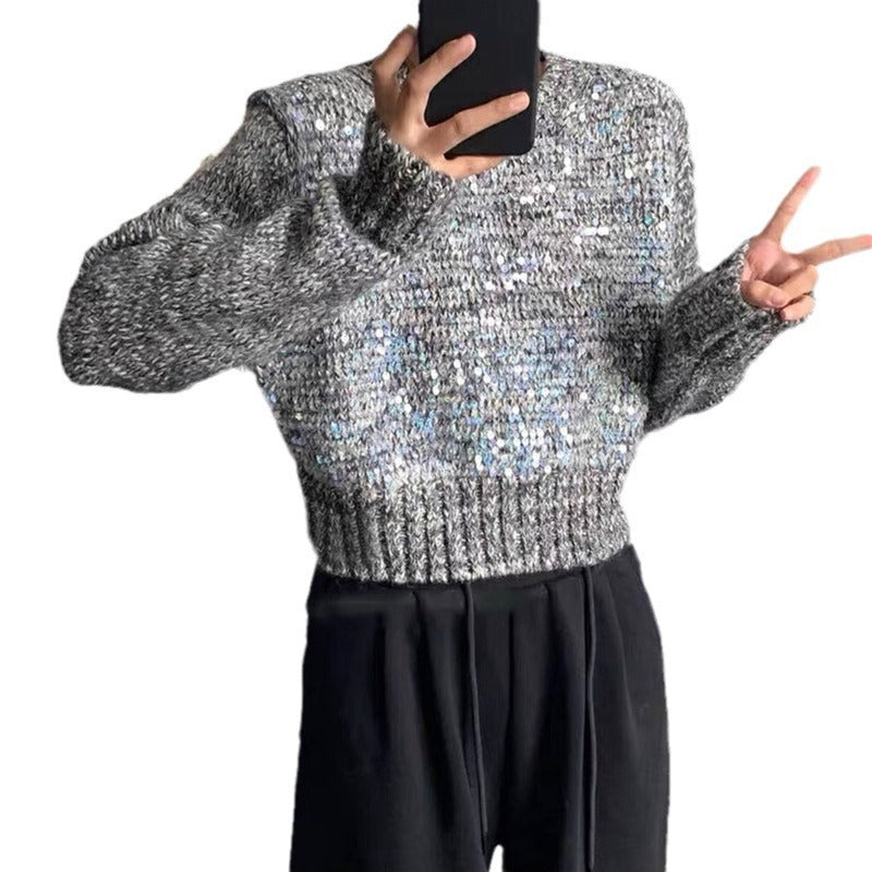 Korean Style O-Neck Sequined Short Pullover Sweater