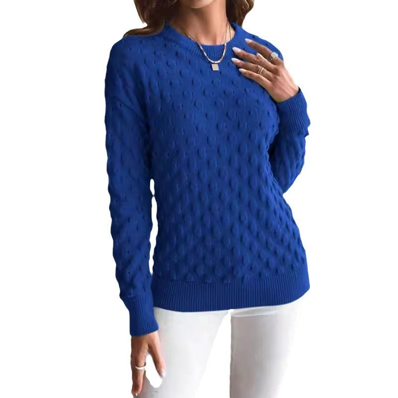 Solid Color Pullover Knitwear Top with Round Neck and Long Sleeves