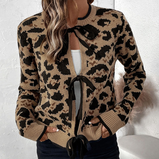 Women's Round Neck Sweater Cardigan with Tie Detail